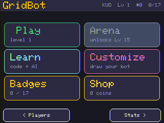 The home menu: Play, Arena, Learn, Customize, Badges, Shop